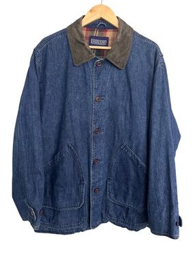 Vtg Lands' End Blue Denim Jacket Leather Collar SZ XXL Chore Coat Casual Utility